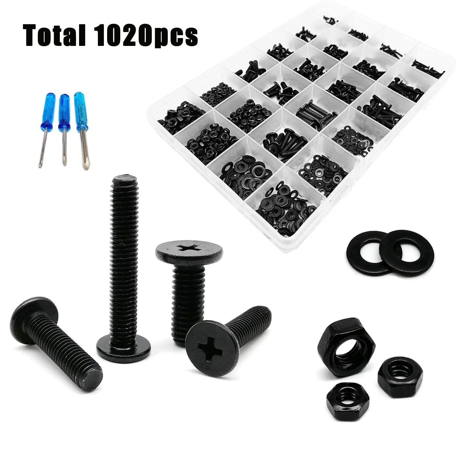 1020pcs/box M2 M2.5 M3 M4 M5 Black 304 A2-70 Stainless Steel Cross Phillips Ultra Thin Flat Wafer Head Screw Bolt Set Kit Box