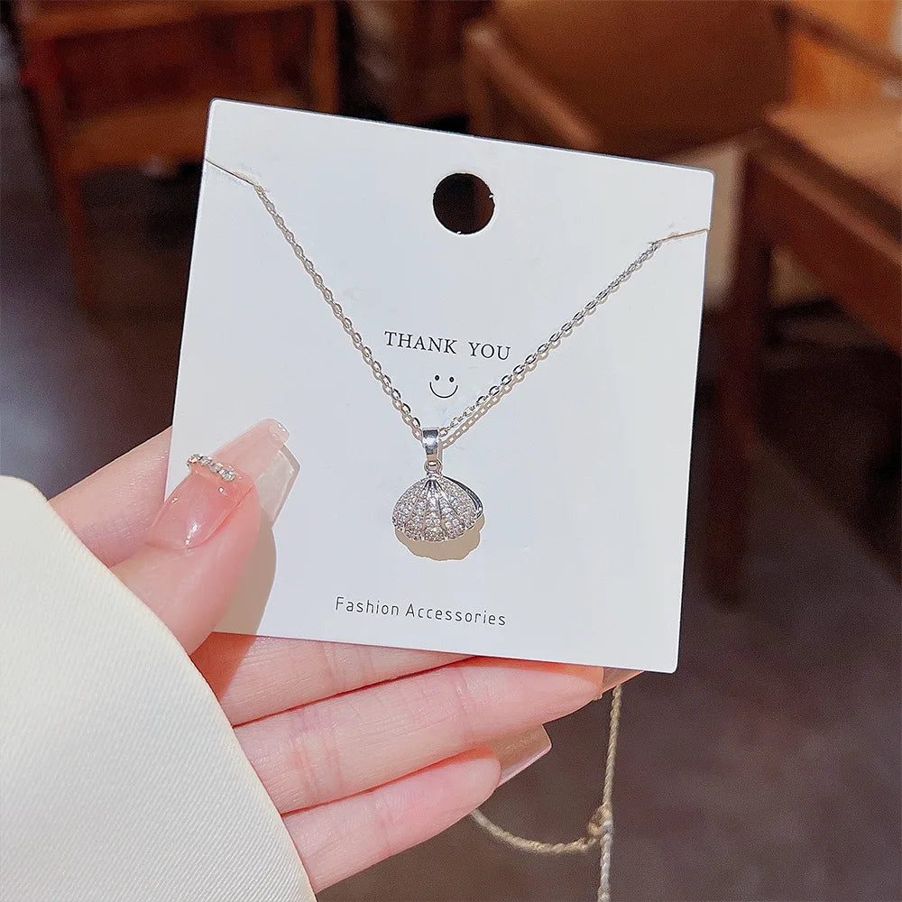 Stainless Steel Copper Pendant Micro Inlaid Zircon Sea Shell Pearl Necklace for Women Fashion Collar Neck Jewelry