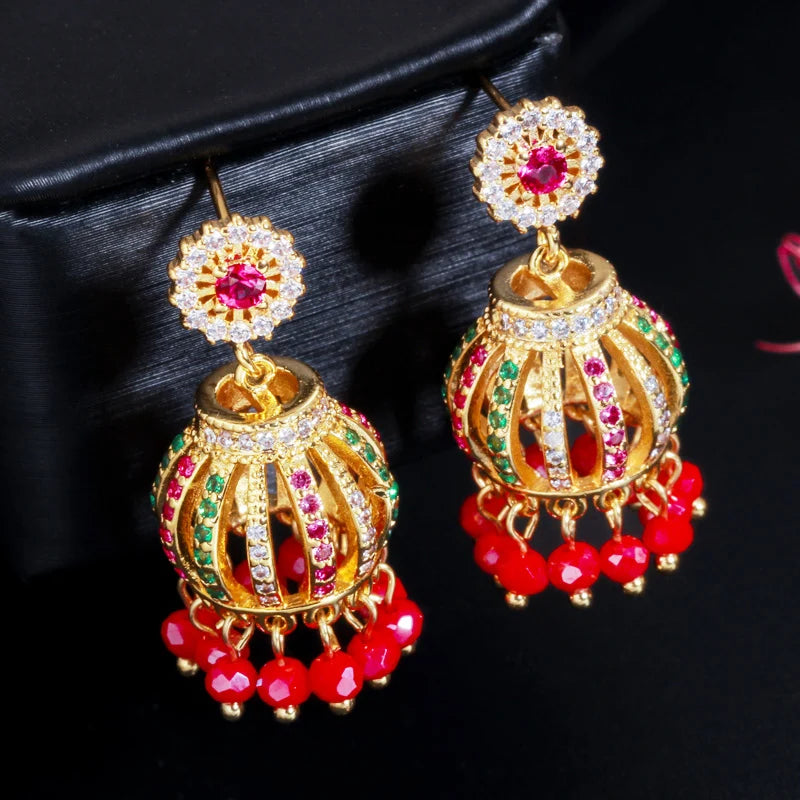 Vintage Royal Design with Cubic Zirconia Indian Gold Plated Statement Large Tassel Drop Pearl Beaded Ethnic Earrings for Women