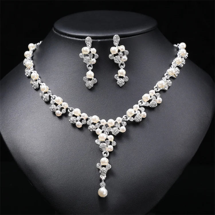 Wholesale New Luxury Silver Pearl Diamond Necklace Sweater Bone Chain Indian Bridal Jewelry Set Wedding