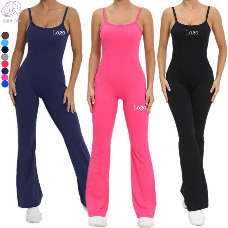 Custom Logo One Piece Flared Yoga Jumpsuit for Women Quick Drying Sports Fitness Suit for Sports and Yoga