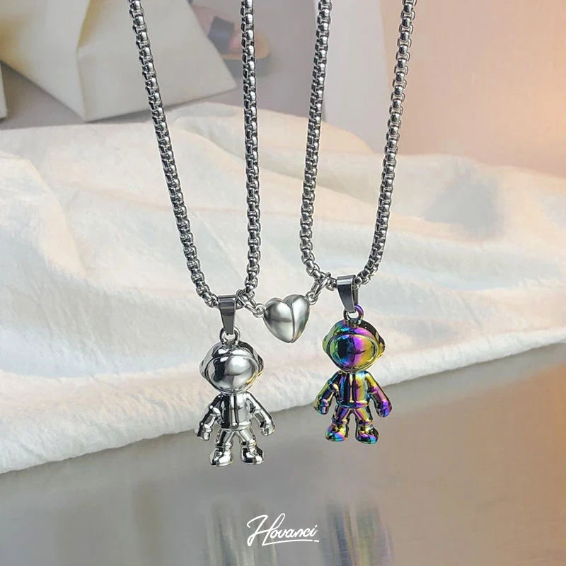 HOVANCI  Men Women Stainless Steel Astronaut Robot Pendant With Magnetic Necklace for Couple Men Women Spaceman Necklace