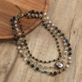 New Tribal Jewelry Bamboo Agate Rosary Chain Green Pink Black Link & Chain 3 Layer Necklace Oval Glass Charm Necklace