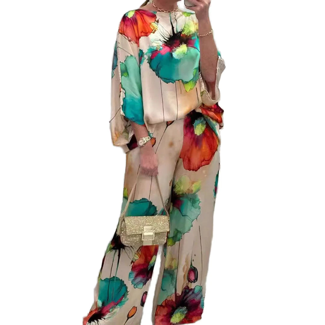 New Arrival Women's Casual Style Long Pants Suit with Batwing Sleeve Loose Printed Tops