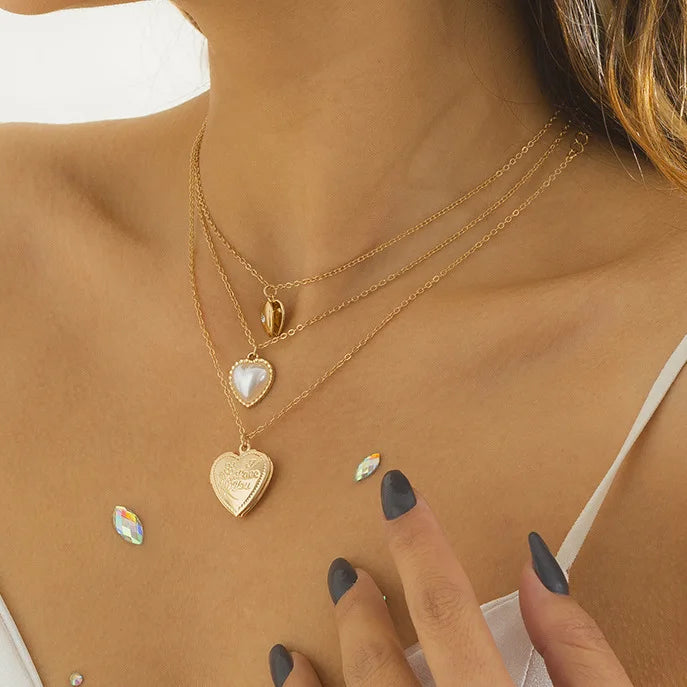 Trendy Retro Pearl Necklace Set 3pcs/SET Opened Peach Heart Pendant Fashionable Alloy Beads Collar De Acero/Collar De Plata