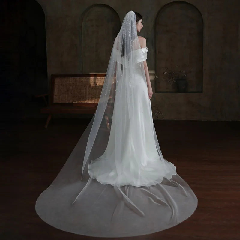 SLBRIDAL Cut Edge Pearls Wedding Long Cathedral Veils With Comb White Bridal Veils Wedding Accessories for Bride Mariage Women