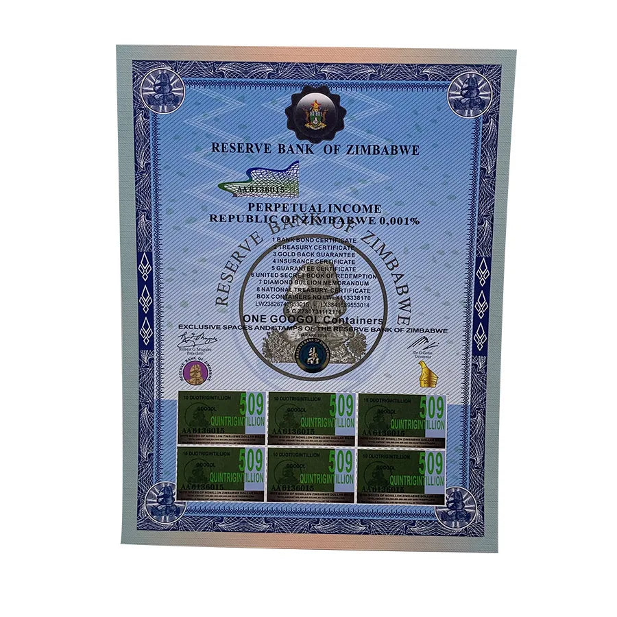 New Zimbabwe One Googol Containers Scrolls 509 Quintrigintillion  Paper Notes Big Stone with Watermark for Collection