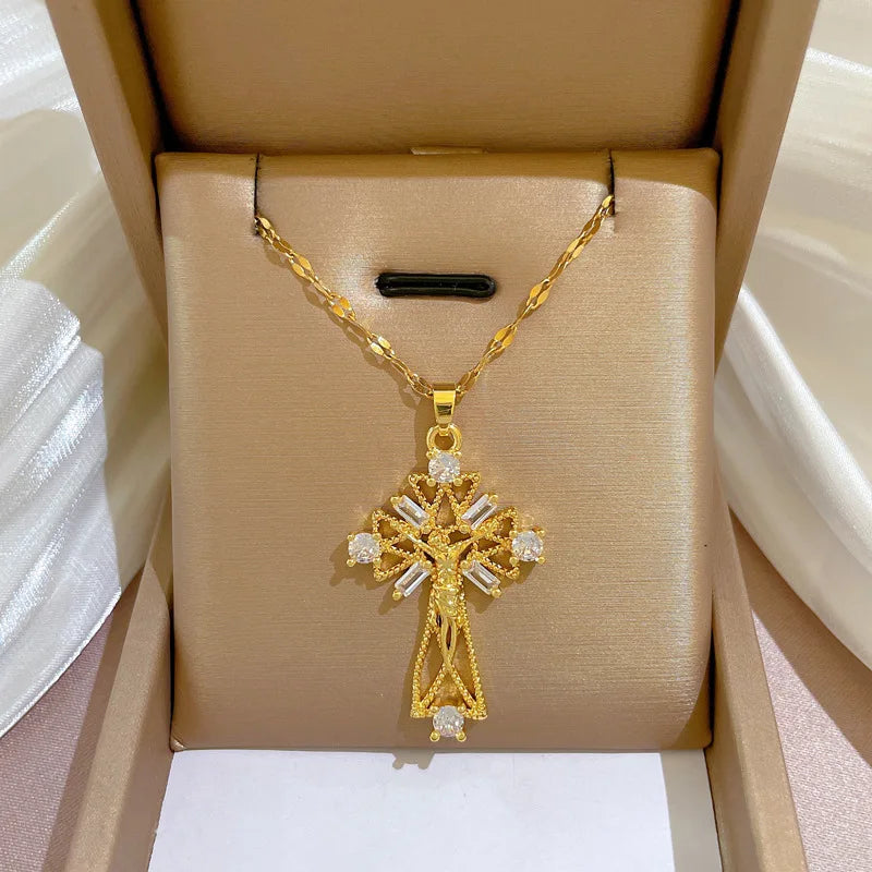 Titanium Stainless Steel Cross Necklace 18K Gold Plated Color Religion Hollow Cross Jesus Charm Lip Chain Necklaces Jewelry