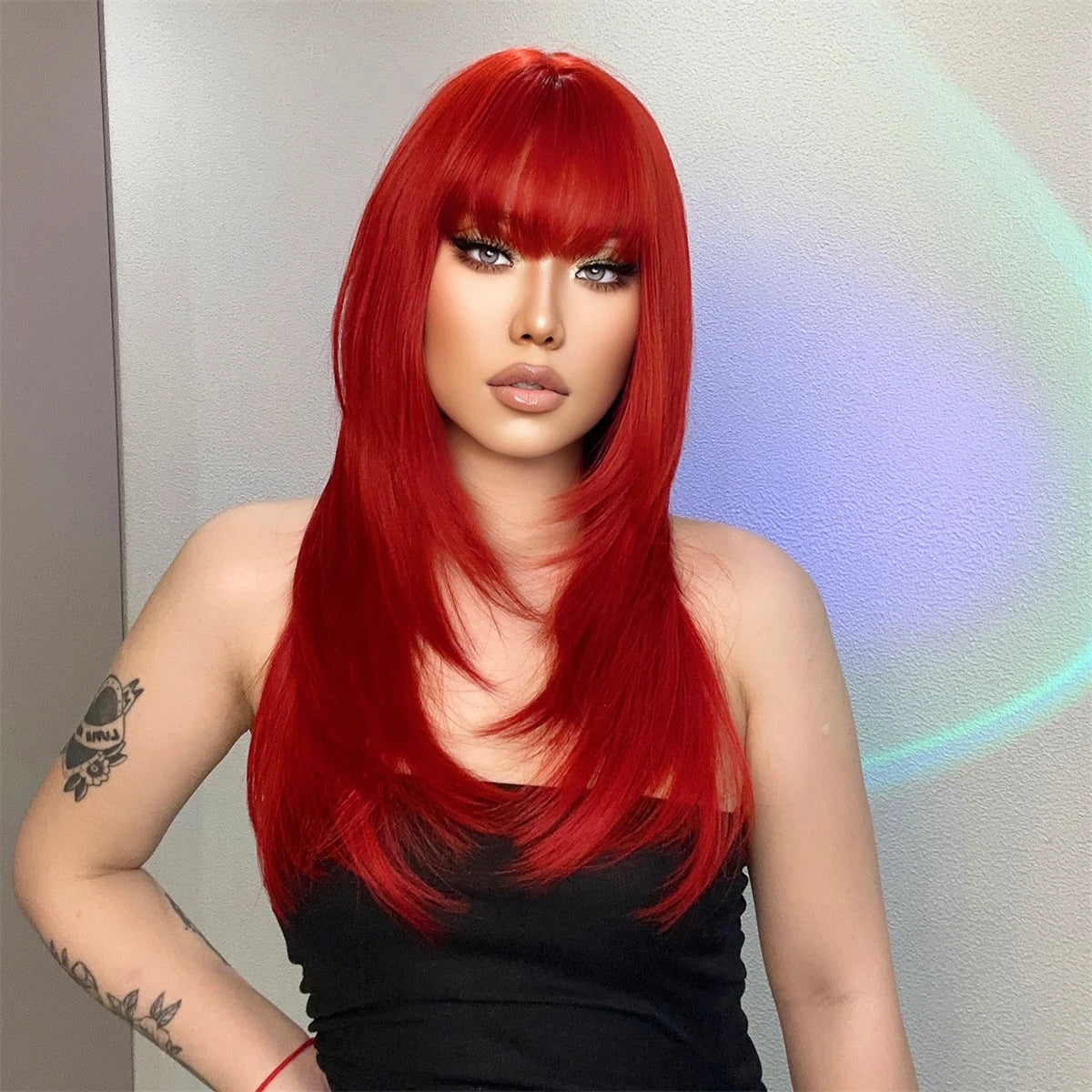 Factory Fast Delivery Red Straight Synthetic Wig for Women Long Natural Layered Wig With Bangs Heat Resistant Fiber Wig Hair