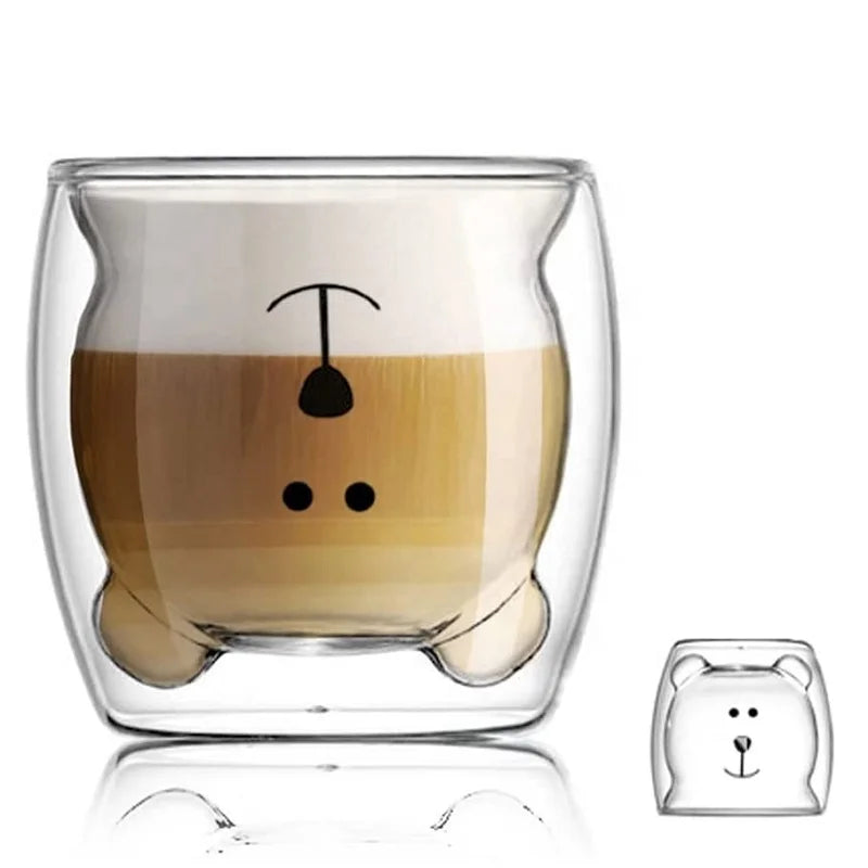 Double Wall High Borosilicate Glass Kawaii Bear Tea Milk Mug Funny Animal Aesthetic Luxury Cup for Office and Personal Use