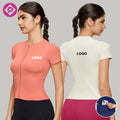 4 Colors Stitching Women Breathable Biking Top Tight Short Sleeves Back Pocket Yoga T-shirts with Zipper