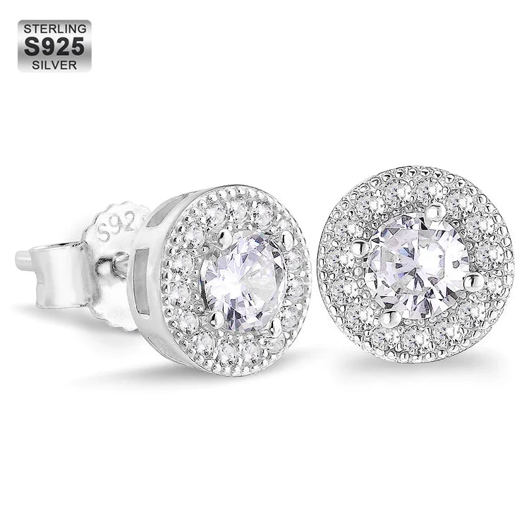 KRKC Hip Hop Gold Fashion Jewelry 925 Sterling Silver Stud Earrings Round Square 7.5mm CZ Diamond Earrings for Men Women 2021