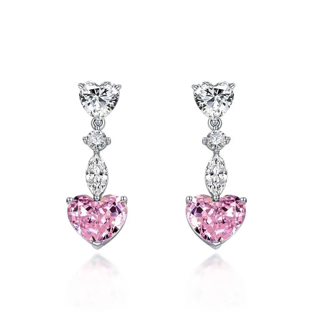 925 Silver Jewelry Heart Earrings for Women Pink Zircon Dazzling Earrings Bride Classic Wedding Engagement Jewelry