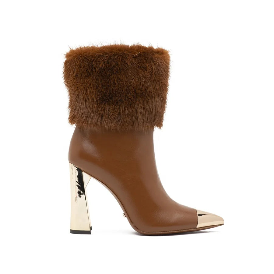 Pointed Toe Side Zipper Fur Gold Metal Hardware Shoe Women Winter Fur Boots
