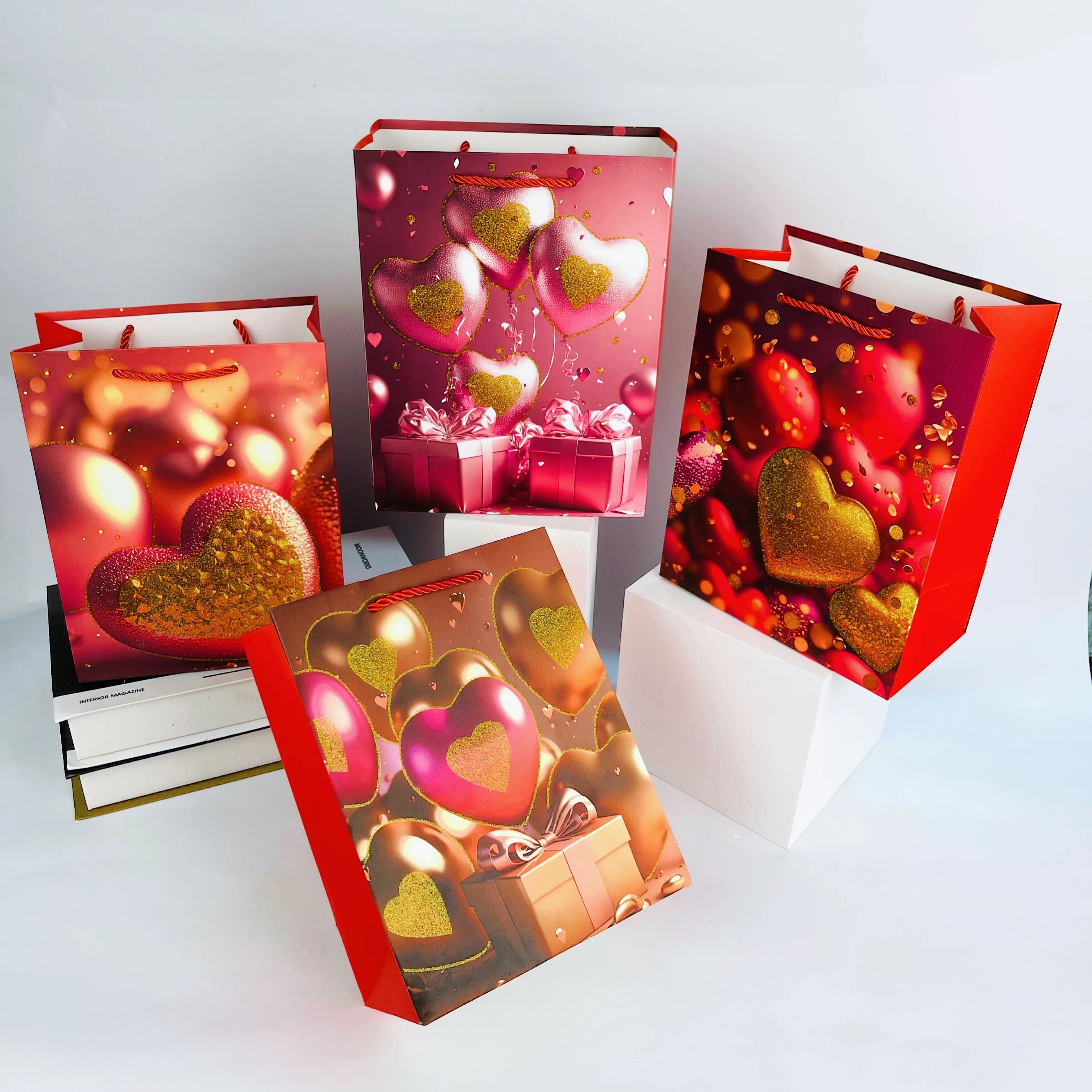 Valentine's Day Collection Custom Large Stock Beautiful Love Roses Gift Bag Paper Bags with Immediate Shipping