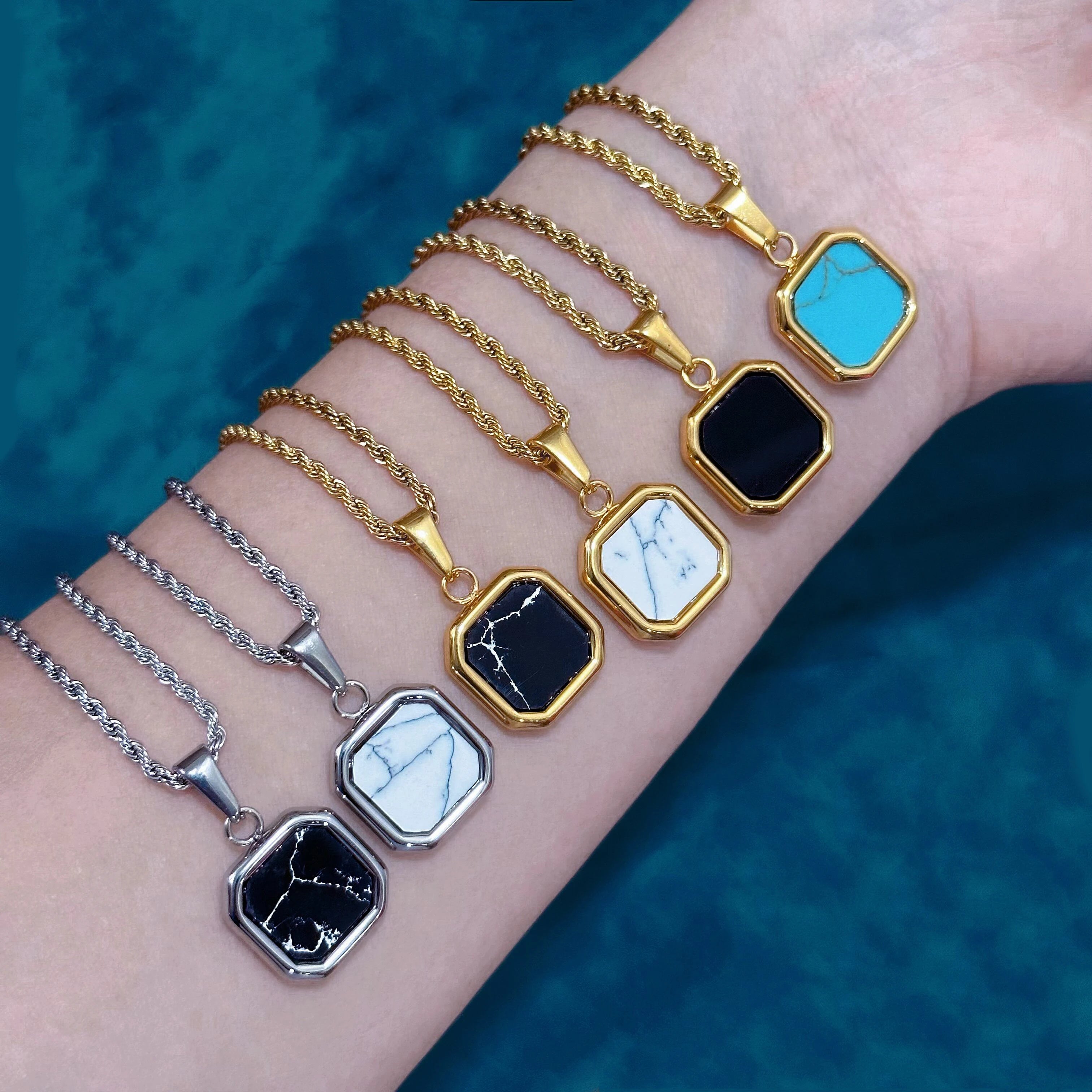 Vintage Square Shape Howlite Stone Pendant Necklace Gold Rope Chain Black Onyx Stone White Turquoise Jewelry Necklace for Men
