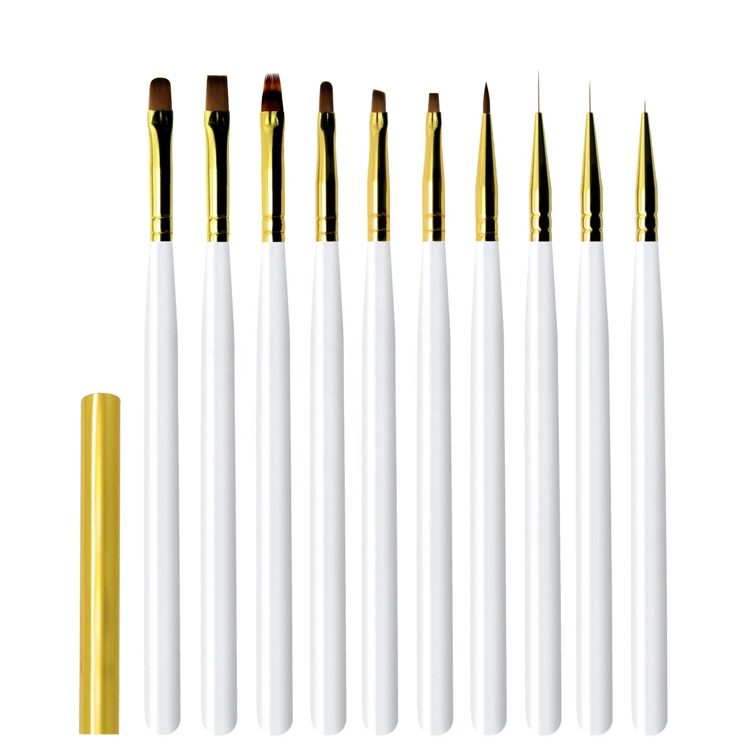 Wholesale 10pcs Pearl White Wood Handle Luxury Gel Nail Art Brush Set Lid Soft Nylon Liner Crimped Oval Flat Oblique Ombre