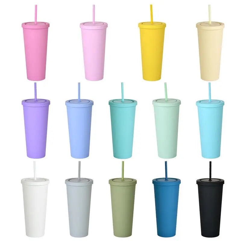 24oz Korean Style Double Wall 2011 New Products Plastic Material Coffee Mug with Lid and Straw for Presents Travel Outdoor