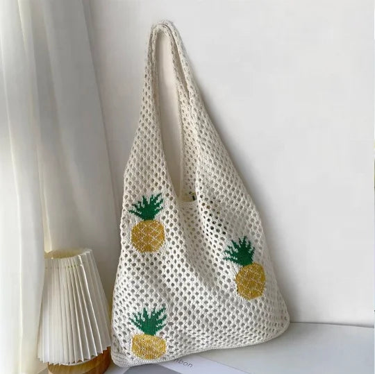 2024 Vintage New Pineapple Print Crochet Bag Hollow Design Knitted Beach Tote Bags for Women Fashionable Two Handle Summer Tote