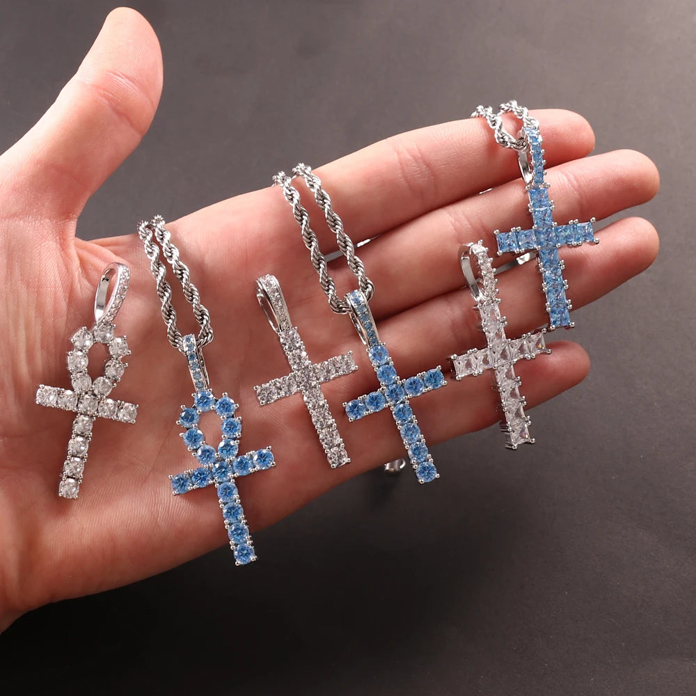 2023 Baguette Hiphop Pendant Rope Chain Men's Jewelry Gold Silver Color White Blue CZ Necklace Bling Cross Charms