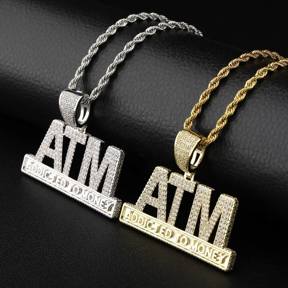 New Brass Iced Cubic Zircon Letter ATM Pendant Necklaces Gold Plated Rope Chain Hip Hop Party Fashion Jewelry Charms Gifts
