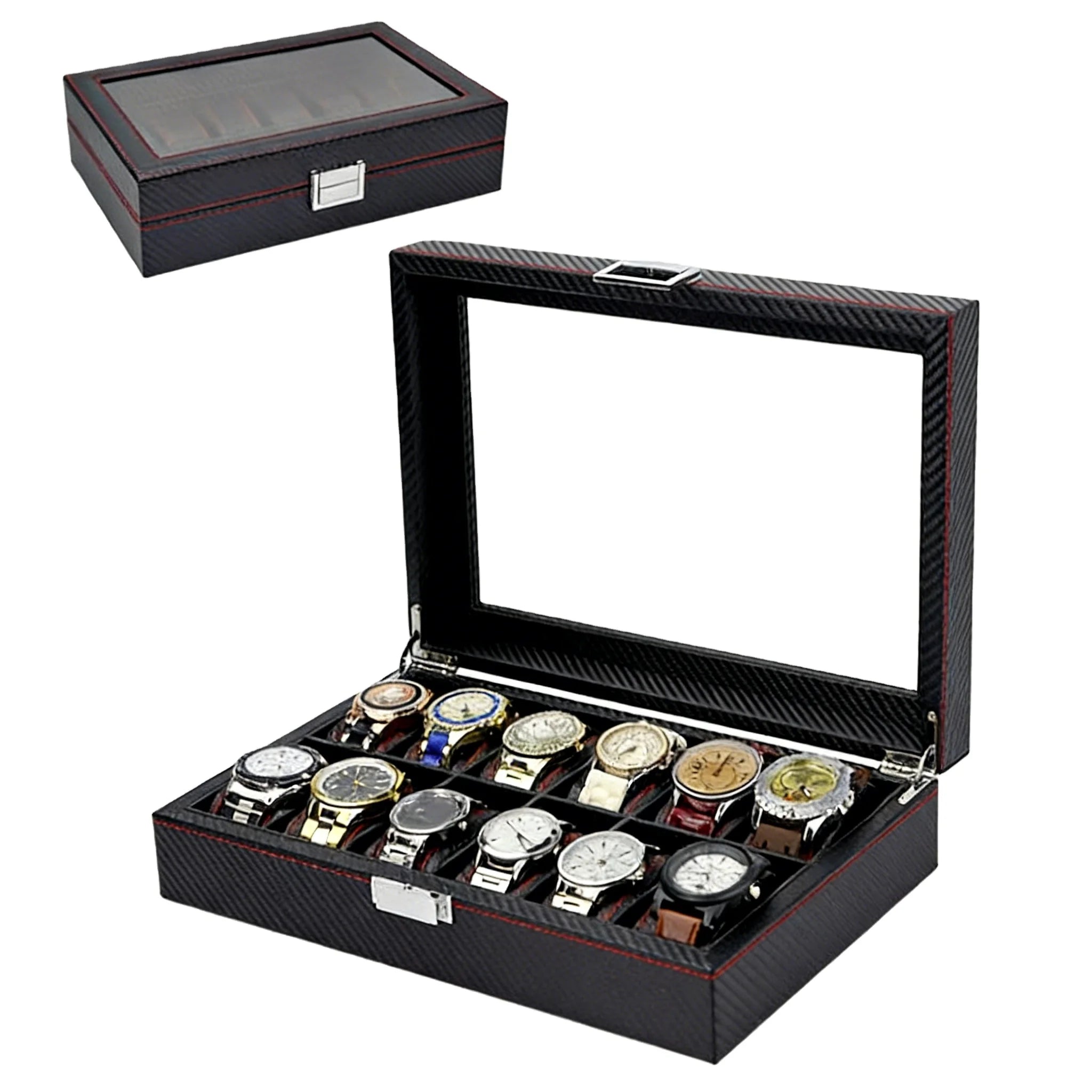 Luxury Black Carbon Fiber PU Leather 12 Slots Watch Storage Packaging Box Watch Travel Display Case With Glass Window