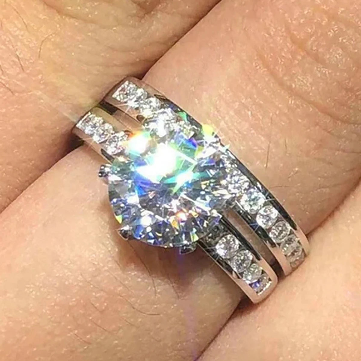 CAOSHI Classic Style Bling  Cubic Zirconia 2Pcs Sets Couple Ring for Engagement Wedding Silver Plated CZ Rings for Women Jewelry