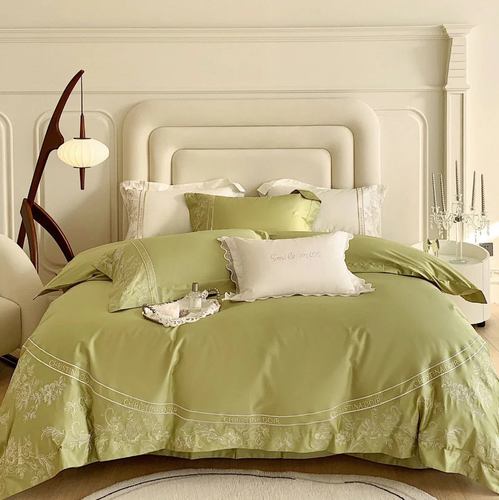 Wholesale Cotton king Size Green Bed Sheet 2m/2.3m Duvet Cover Embroidery Bedding Set