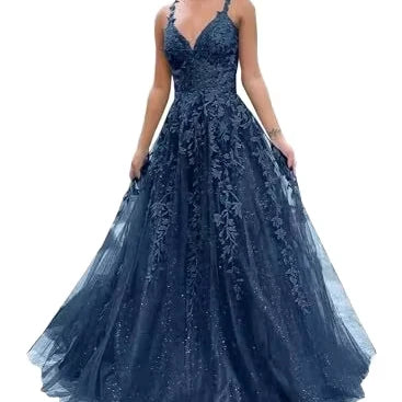 Custom Color Elegant A-Line Evening Party Gowns Plus Size Formal Dress V-Neck Backless Spaghetti Straps Tulle Prom Dresses