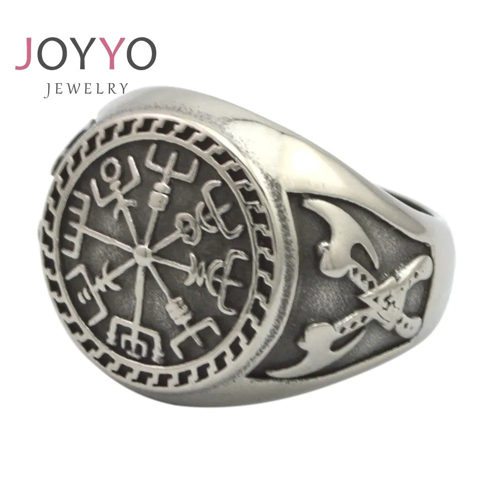 Nordic Chunky Compass Viking Ring Ancient Stainless Steel Amulet Men's Ring
