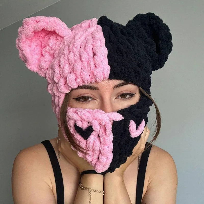 Hot Selling Custom Winter Handmade Crochet Hood Cute Bear Ear Knitted Skull Balaclava Mask Hat With Bear Ear