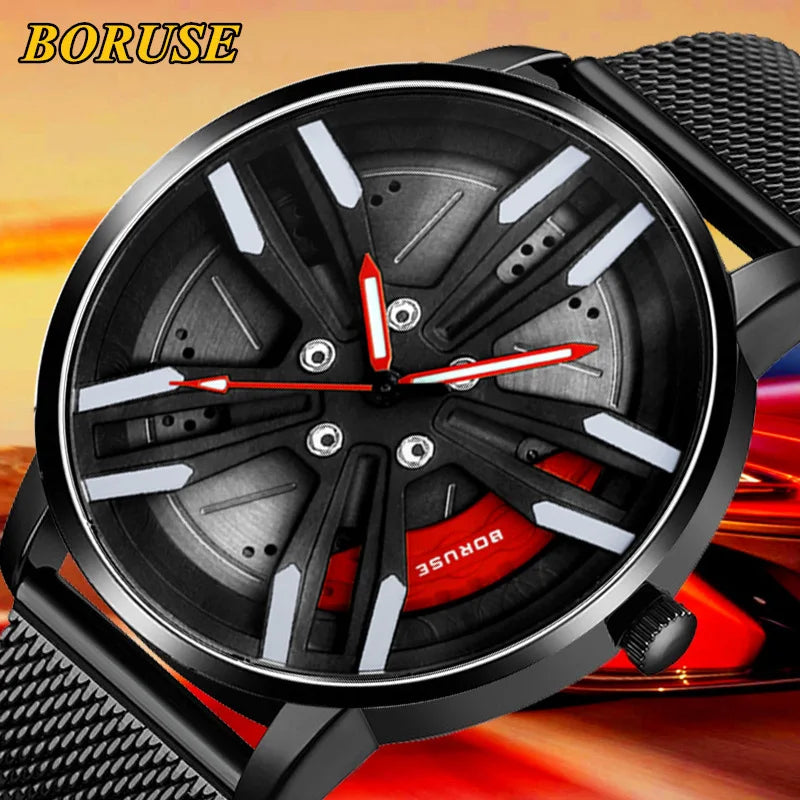 Fashion Men Car Hub Wristwatch Men's Luminous 3D Skeleton Quartz Mesh Band Watches BORUSE Reloj Men Watch Relogio Masculino
