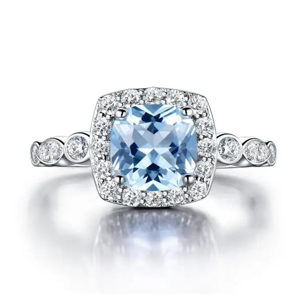 Fashion European Jewelry Wholesale S925 Sterling Silver Blue Cubic Zirconia Rings Halo Pave Cz Lady Engagement Promise Ring