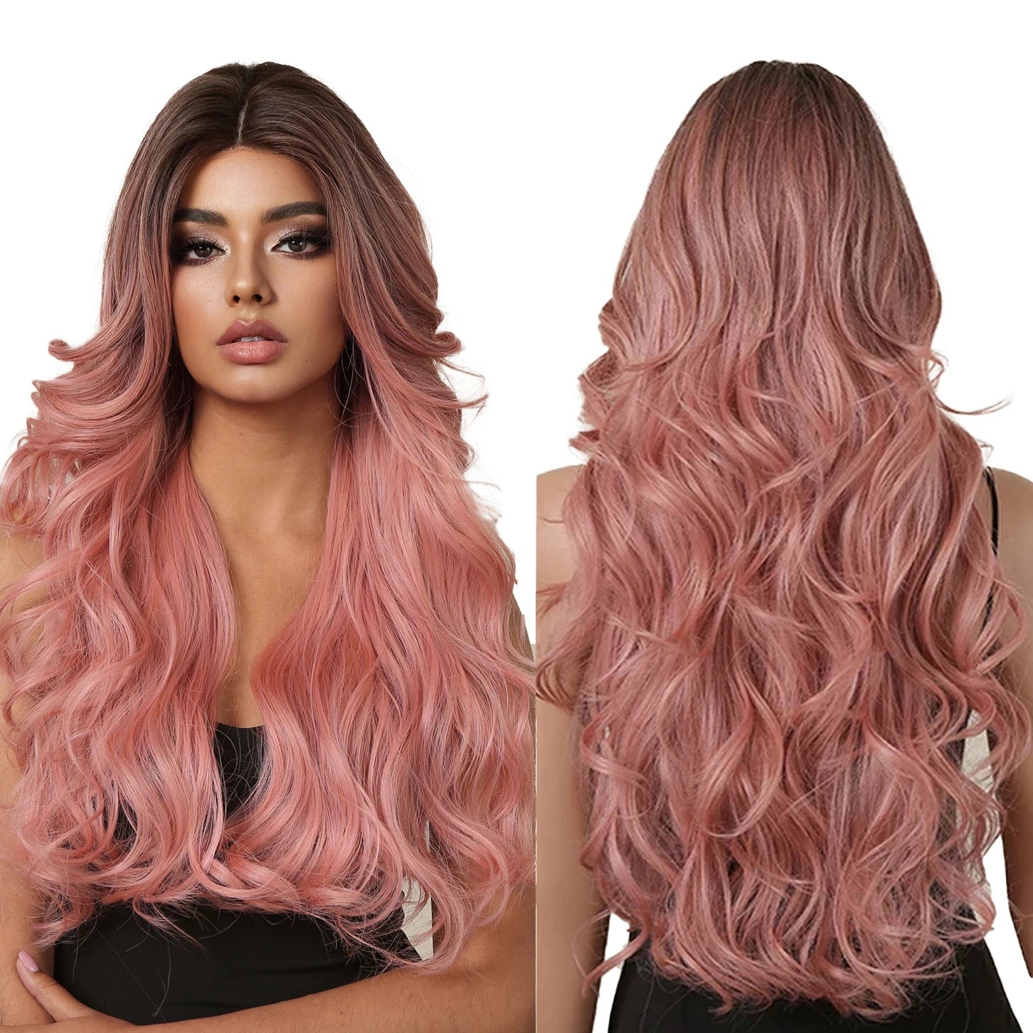 Front Lace Hairline Lace Hair Long Curly Brown Pink Ombre Synthetic Wigs for Women Natural Wave Pink Lace Wig Heat Resistant