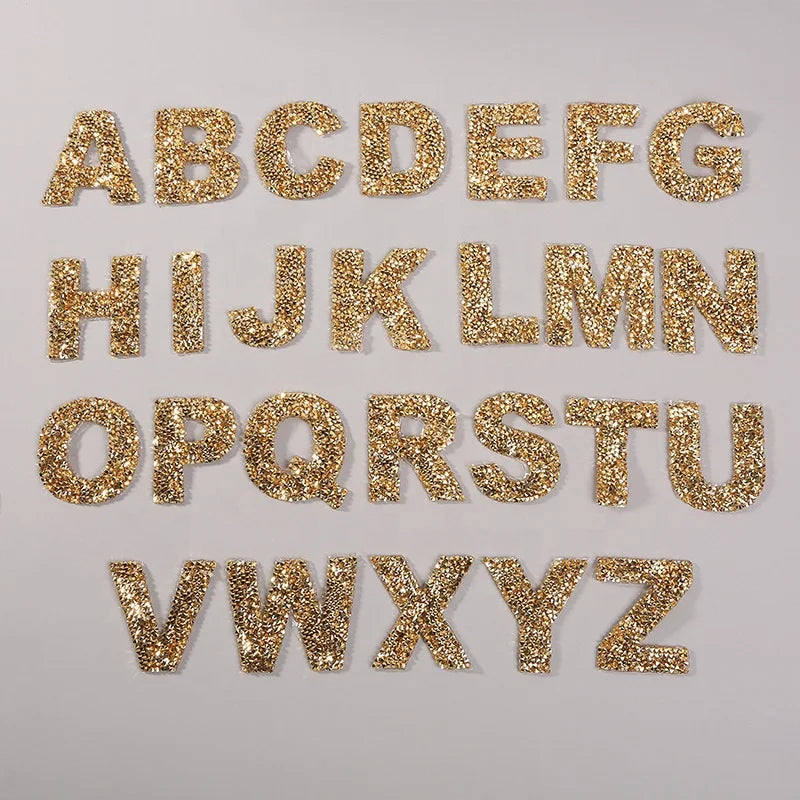 Hot Sale Clothing Accessory Iron On Heat Seal Backing Gold Clear Rhinestone Letters 5.5cm H Alphabet DIY Patches for Make-up Bag