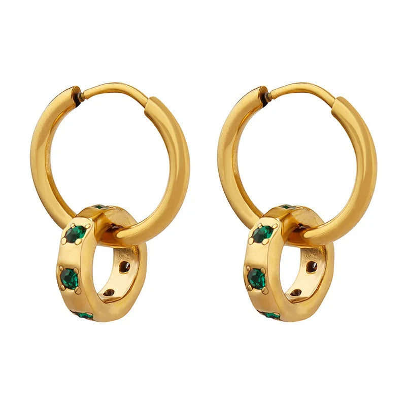 Waterproof Stainless Steel 18k Gold Plated Double Hoops Diamond Zircon Bead Dangle Drop Earring Women Jewellery