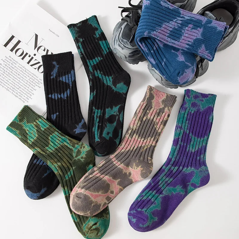 Wholesale Trendy Double Needle Tie Dye Socks Men Unisex Casual Streetwear Cotton Crew Socks