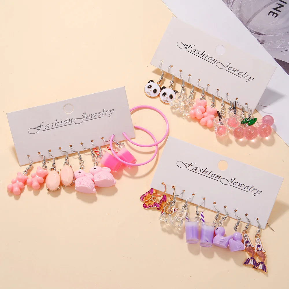 Women's Girls Fashion Drop Earrings 6-Pairs/Set Cute Milk Tea Cup Mermaid Cherry Resin Drop Animal Butterfly Duck Earrings