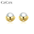 CZCITY Sterling Silver Classic Big Pearl Girls Earrings 14K Gold Plated Women Stud Earring