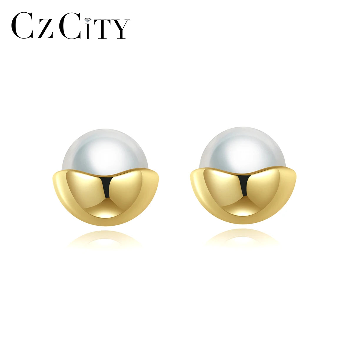 CZCITY Sterling Silver Classic Big Pearl Girls Earrings 14K Gold Plated Women Stud Earring