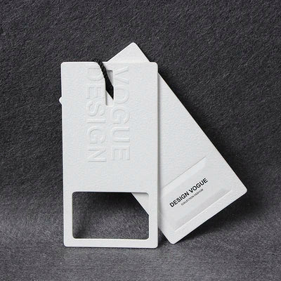Luxury White Textile Paper Hang Tag Swing Tag With Embossed Debossed Die Cut Design Black Foiled Logo With String Cord