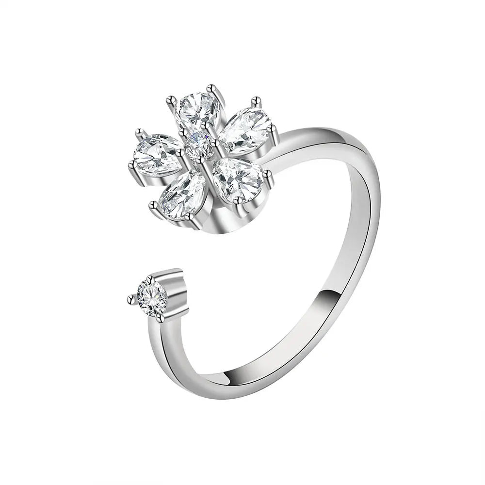 Hot Sale Adjustable Open Rotatable Cubic Zirconia Lucky Four Leaf Grass Spinner Fidget Anxiety Ringfor Women Gift