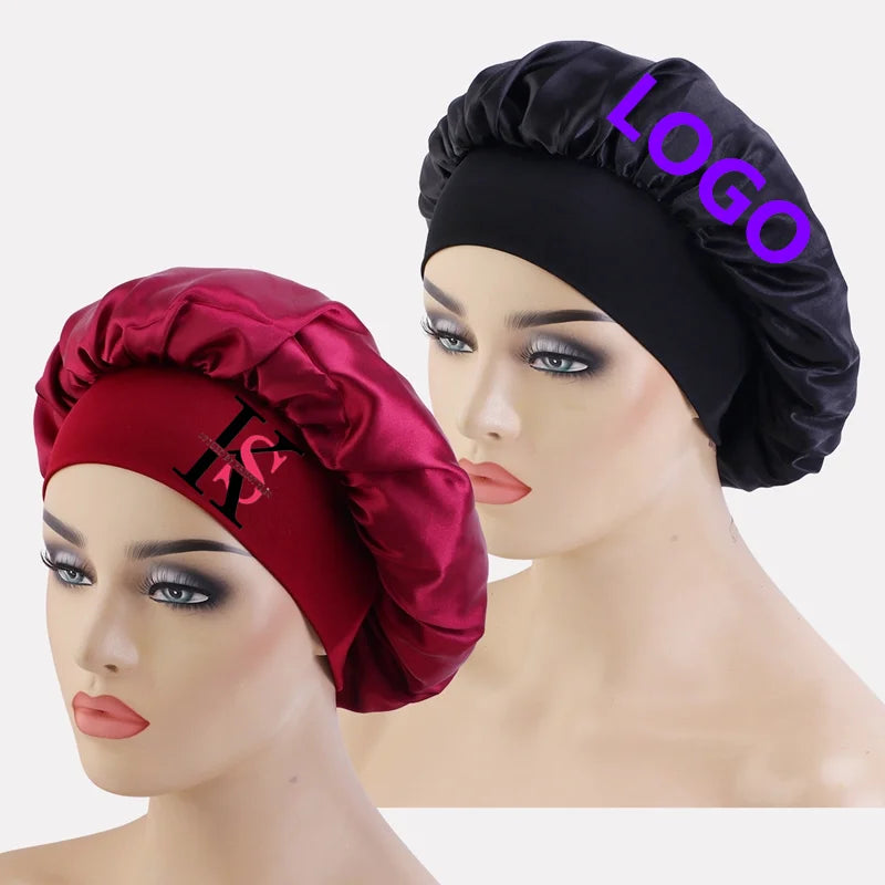 2 Pcs Set Satin Bonnet Custom Logo Wide Brimmed Sleep Night Cap Hair Single Layer Bonnets for Women