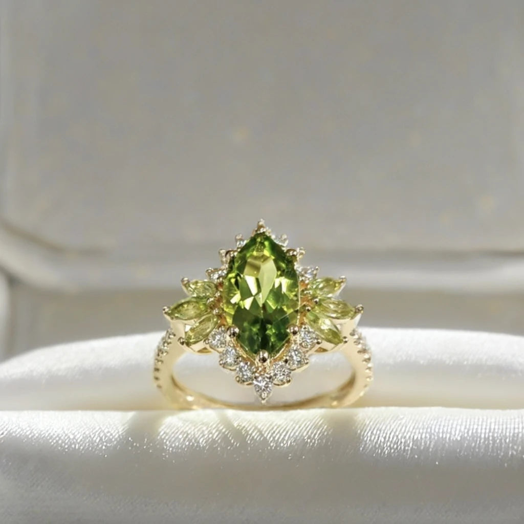 10k/14k/18k Solid Gold Marquise Cut Green Real Peridot Gemstone Moissanite Rings Wedding Band Rings
