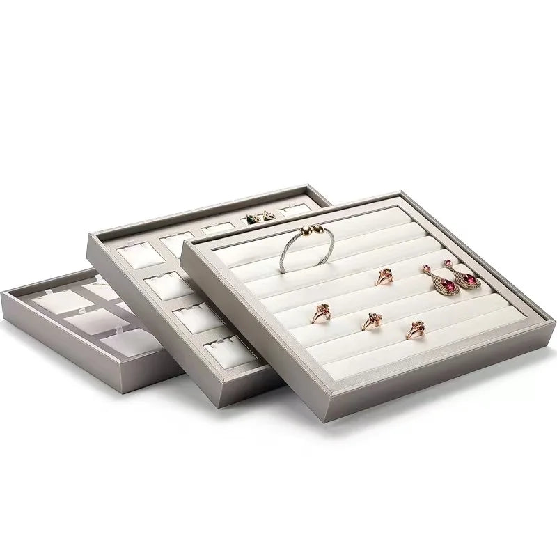 DOC Custom Beige Adjustable Modern Square Jewellery Service Tray for Rings Earrings Necklaces Bracelets PU Leather Jewelry