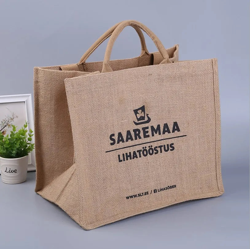 Eco-Friendly Custom Logo Jute Bag Laminated Burlap Reusable Beach Tote Hessian Shopping Bags Letter Pattern Silk Screen Printed