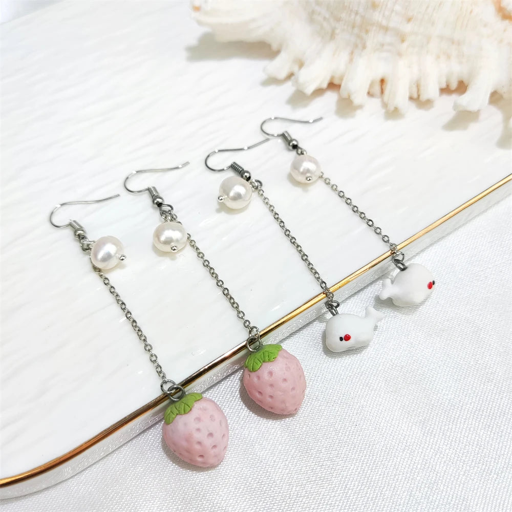 Lovely Jewelry Natural Freshwater Pearl Charms Long Drop Earrings Fashion Jewellery Strawberry Dolphin Hedgehog Dangle Earrings
