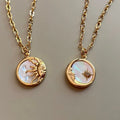 Retro Three-dimensional Sun Moon Round Coin Necklace Mother Shell Pendant Jewelry Stainless Steel 18k Real Gold Plating