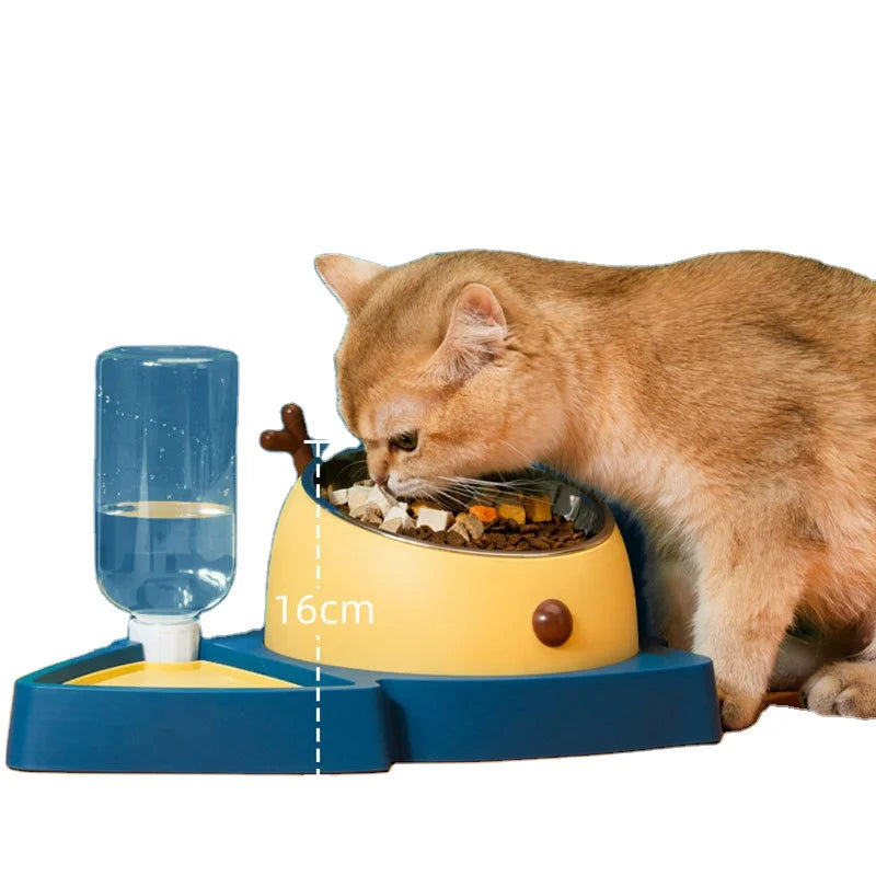 Small and Medium Dogs Anti-Overturning Double Bowl Food and Water Automatic Drinking Bowl Steel and PP Material Pet Bowl