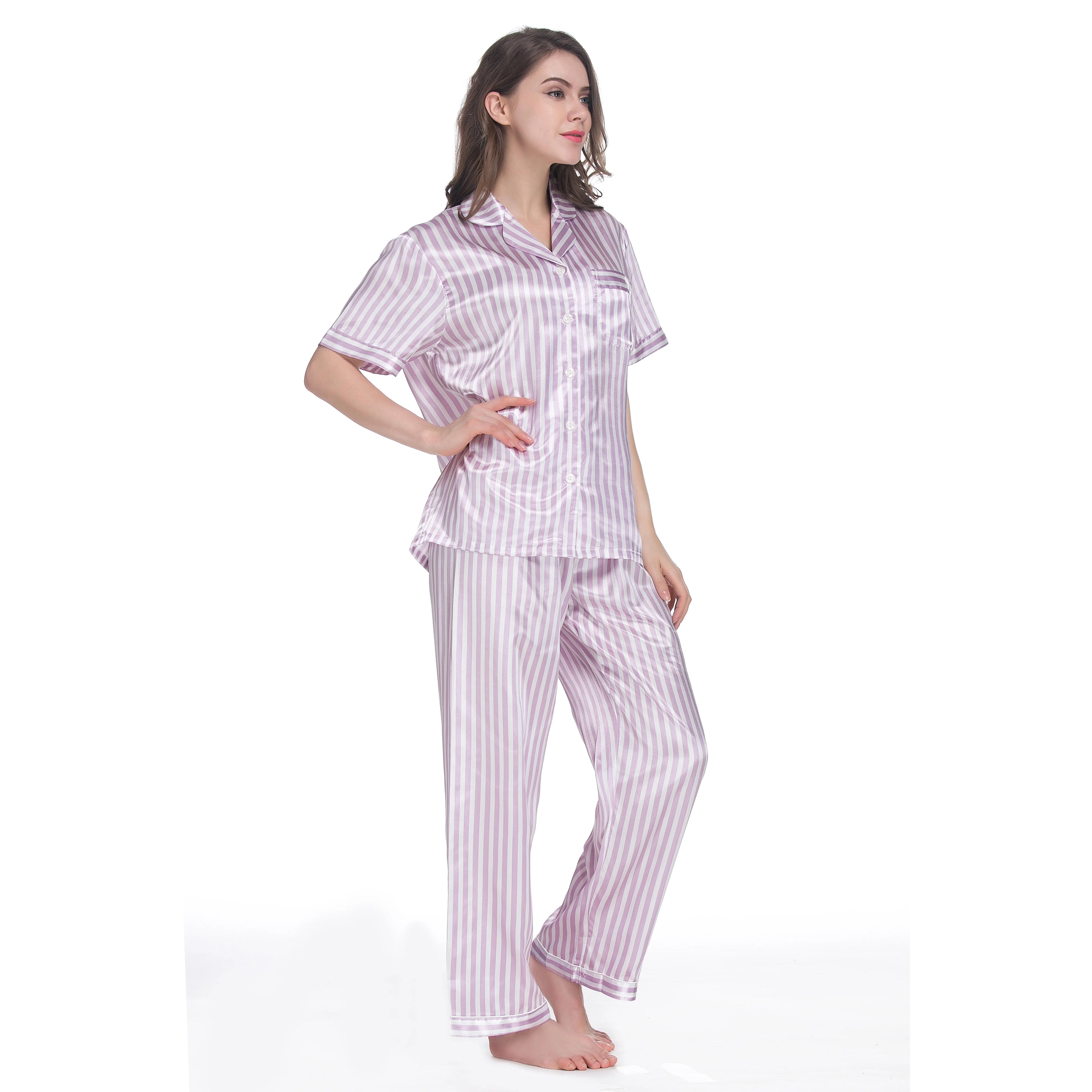 Luxury Ladies Solid Satin Pajama Set Short Sleeve Nightwear with Elastic Waist Closure Plus Size Sleepwear for Women for Summer